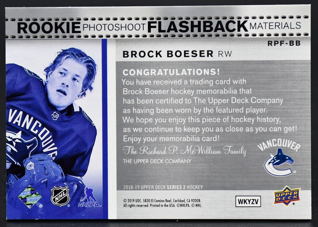 2018-19 UD Series 2 Rookie Photoshoot Flashback Materials Brock Boeser RC Jersey