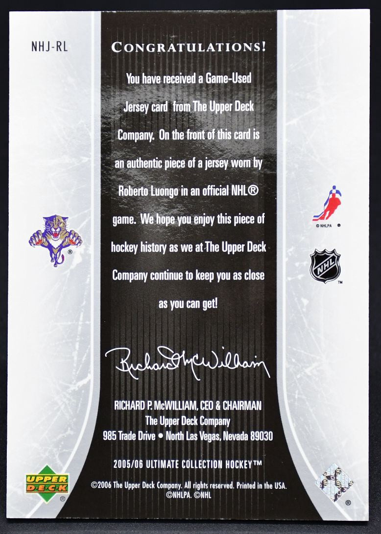 2005-06 UD Ultimate Collection National Heroes Roberto Luongo 165/225 Jersey