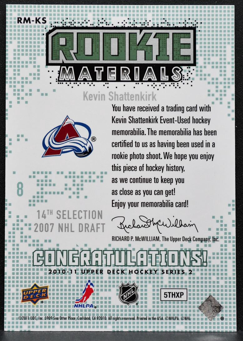 2010-11 UD Series 2 Rookie Materials Kevin Shattenkirk Avalanche RC Jersey 5241