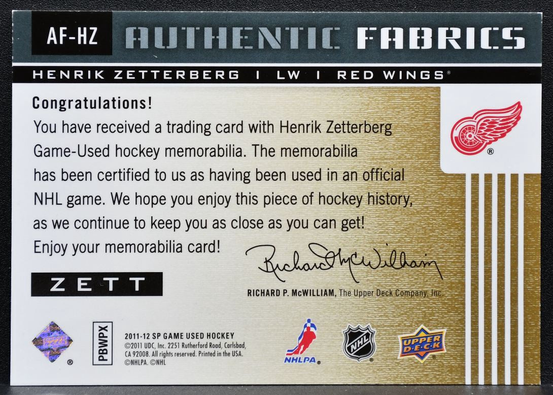 2011-12 SP Game Used Authentic Fabrics Henrik Zetterberg Red Wings Jersey 3551