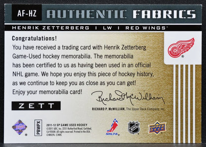 2011-12 SP Game Used Authentic Fabrics Henrik Zetterberg Red Wings Jersey 3551