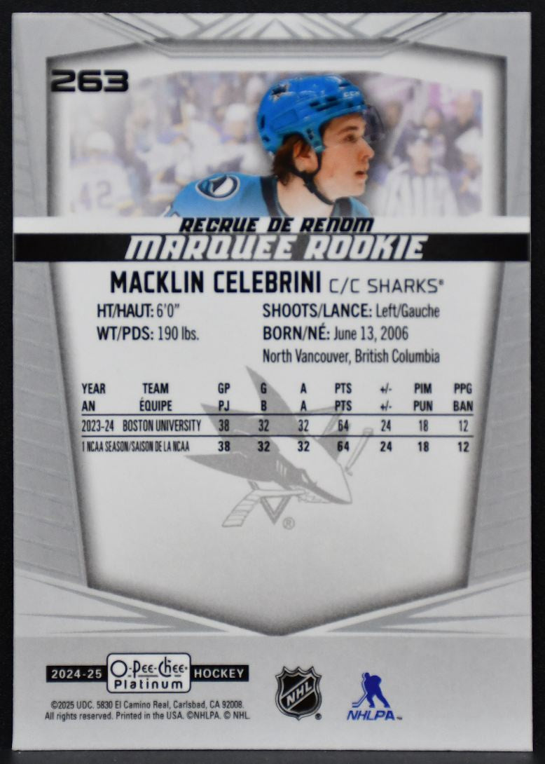 2024-25 O-Pee-Chee Platinum Marquee Rookie Macklin Celebrini 263 Sharks RC 7204
