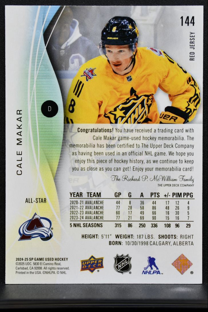 2024-25 SP Game Used Red Jersey Cale Makar 144 Colorado Avalanche Jersey 0856