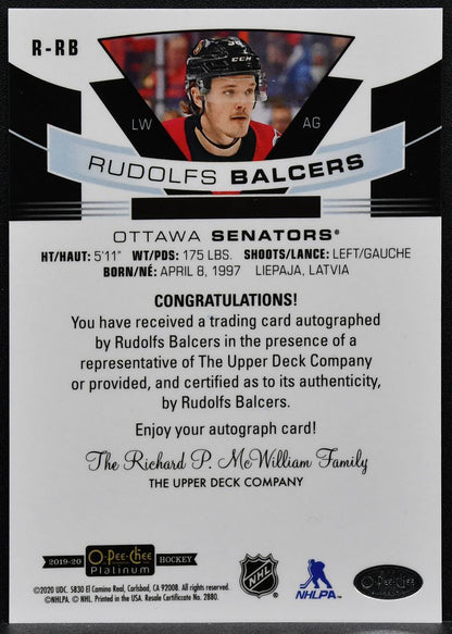 2019-20 O-Pee-Chee Platinum Rookie Autos Rudolfs Balcers R-RB RC Auto 0558