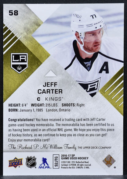 2016-17 SP Game Used Jersey Jeff Carter 58 Los Angeles Kings Jersey 2967