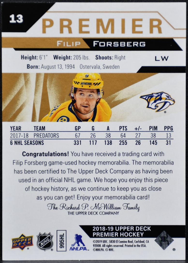 2018-19 Upper Deck Premier Jersey Filip Forsberg Predators Jersey 1068