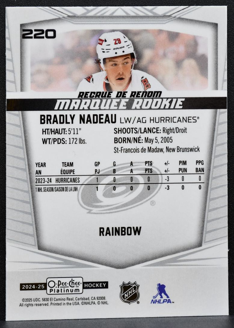 2024-25 OPC Platinum Marquee Rookie Rainbow Bradly Nadeau Hurricanes RC 1143