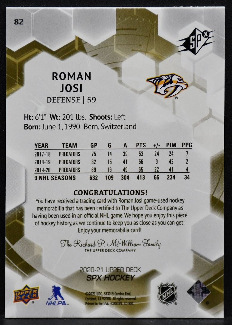 2020-21 SPx Jersey Roman Josi 82 Nashville Predators Jersey