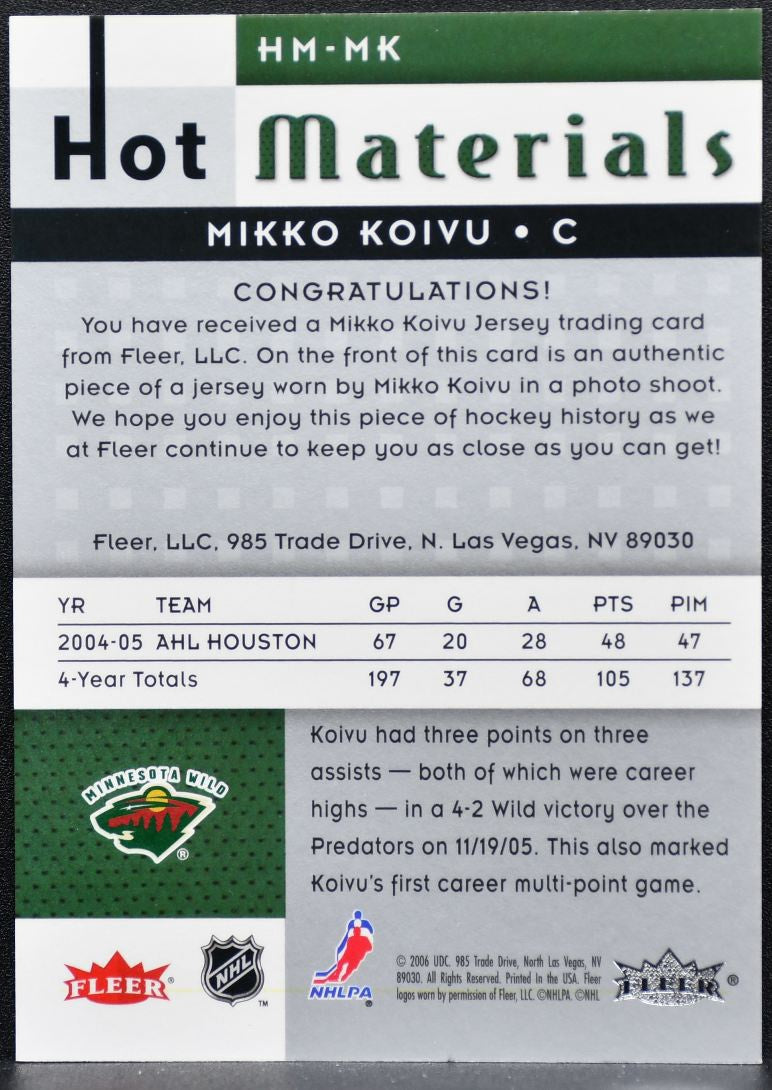 2005-06 Fleer Hot Prospects Materials Mikko Koivu HM-MK Wild Jersey 8754