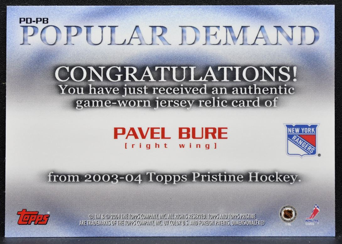 2003-04 Topps Pristine Popular Demand Relics Pavel Bure Rangers Jersey 4152