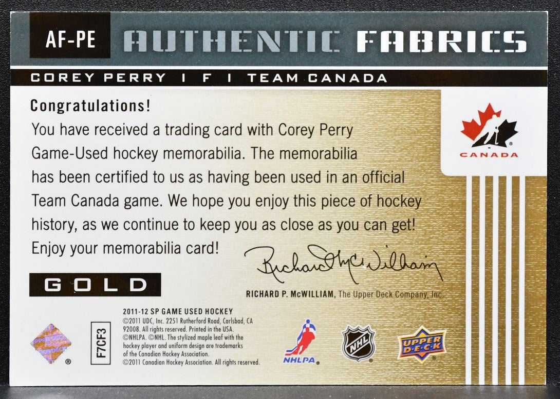 2011-12 SP Game Used Authentic Fabrics Corey Perry AF-PE Team Canada Jersey 1038