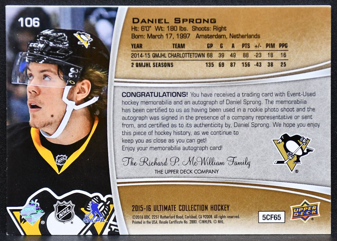 2015-16 UD Ultimate Collection Gold  Sprong Penguins RC Auto 052/149 Jersey 2889