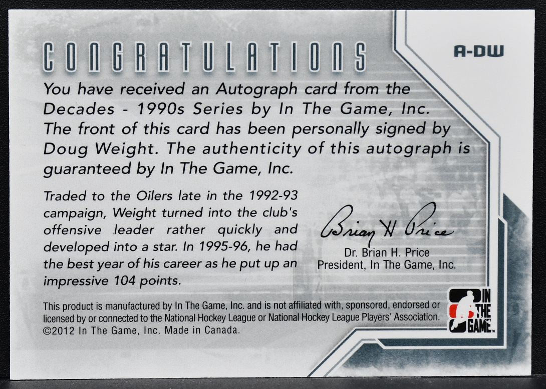 2012-13 In The Game Decades 1990s Autographs Doug Weight A-DW Auto 9972
