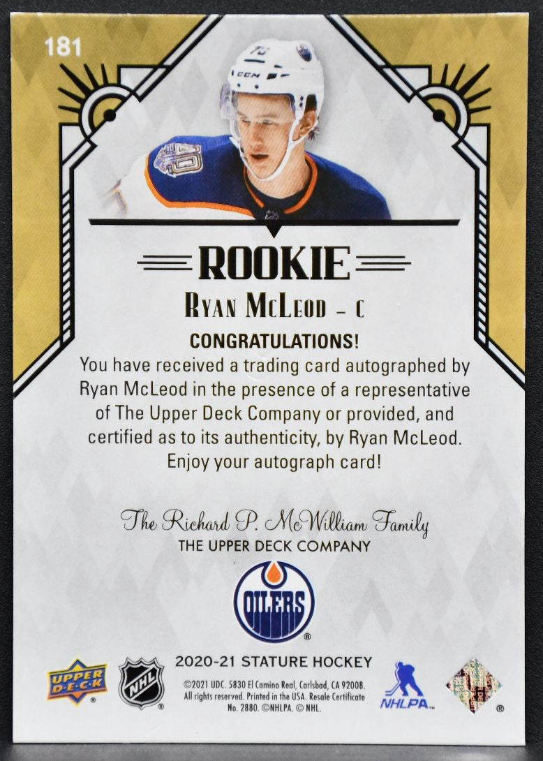 2020-21 UD Stature RC Autographs Ryan McLeod 181 Edmonton Oilers RC Auto 010/199 6317