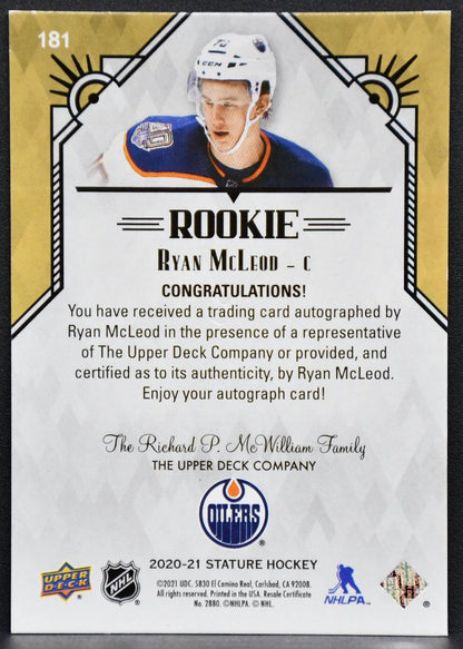 2020-21 UD Stature RC Autographs Ryan McLeod 181 Edmonton Oilers RC Auto 010/199 6317