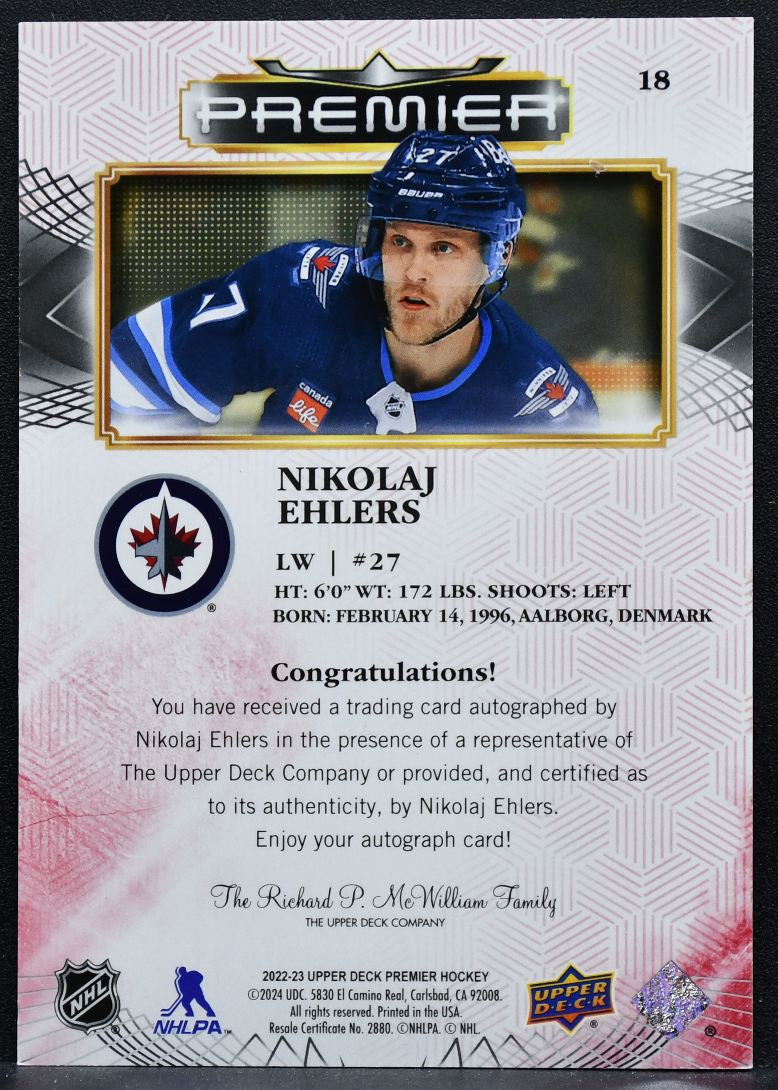 2022-23 Upper Deck Premier Red Auto Nikolaj Ehlers 18 Winnipeg Jets Auto 6897