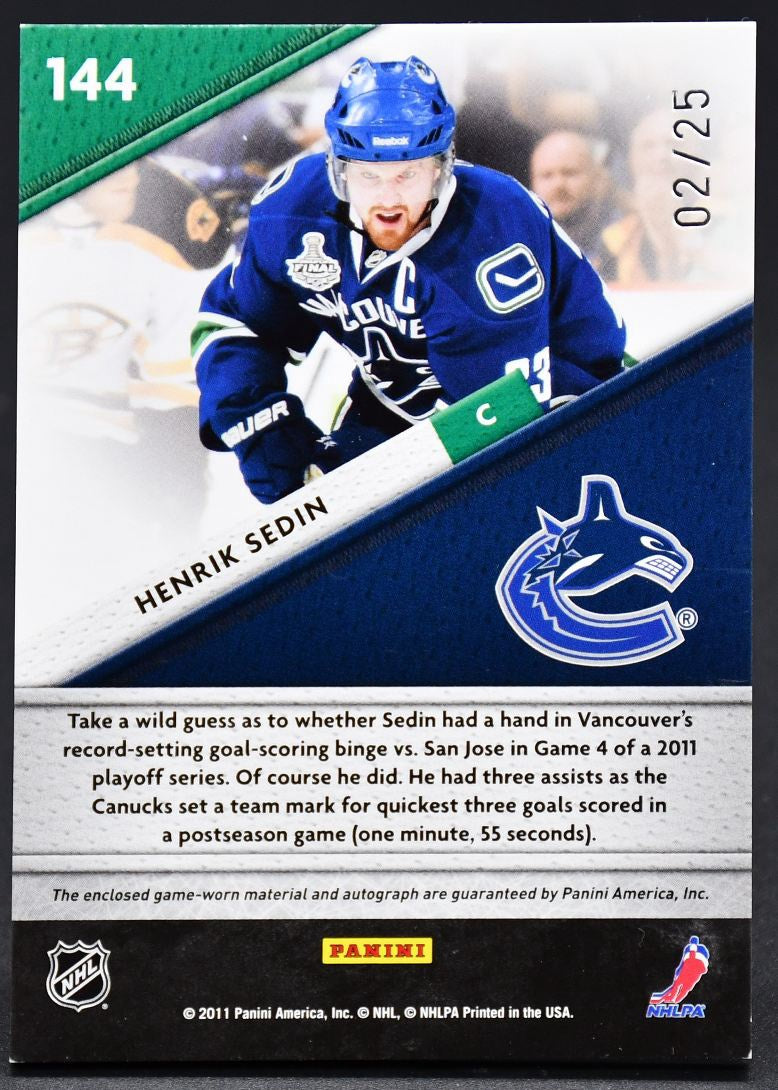 2011-12 Panini Certified Fabric of the Game Henrik Sedin 144 Auto 02/25 Jersey