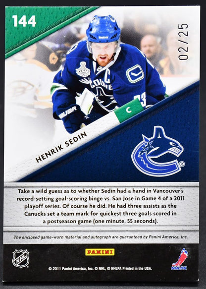 2011-12 Panini Certified Fabric of the Game Henrik Sedin 144 Auto 02/25 Jersey