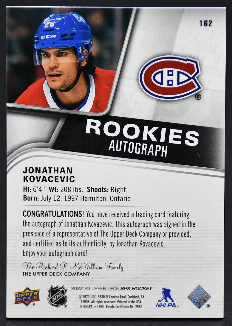 2022-23 SPx Jonathan Kovacevic 162 Montreal Canadiens RC Auto