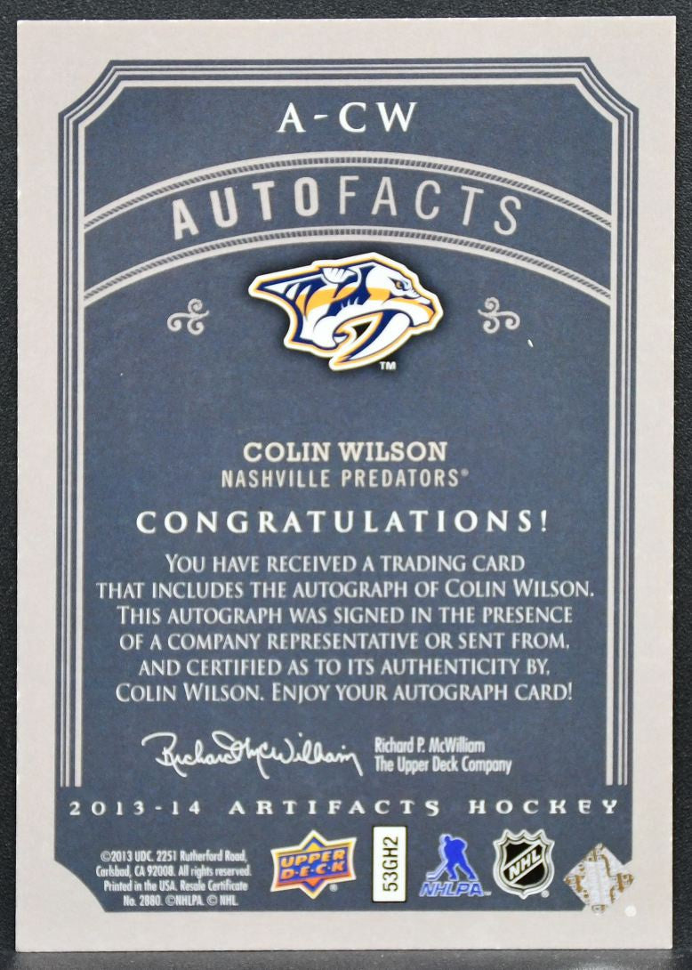 2013-14 Upper Deck Artifacts Autofacts Colin Wilson A-CW Predators Auto 8522