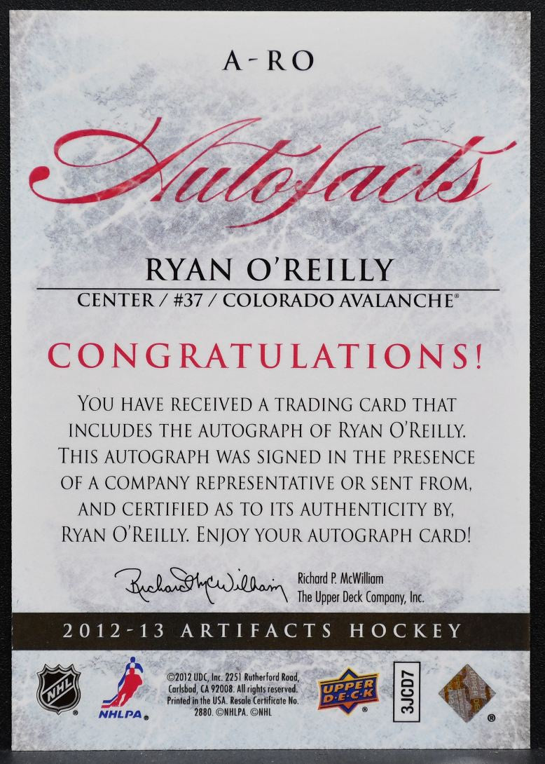 2012-13 Upper Deck Artifacts Autofacts Ryan O'Reilly A-RO Avalanche Auto 2718