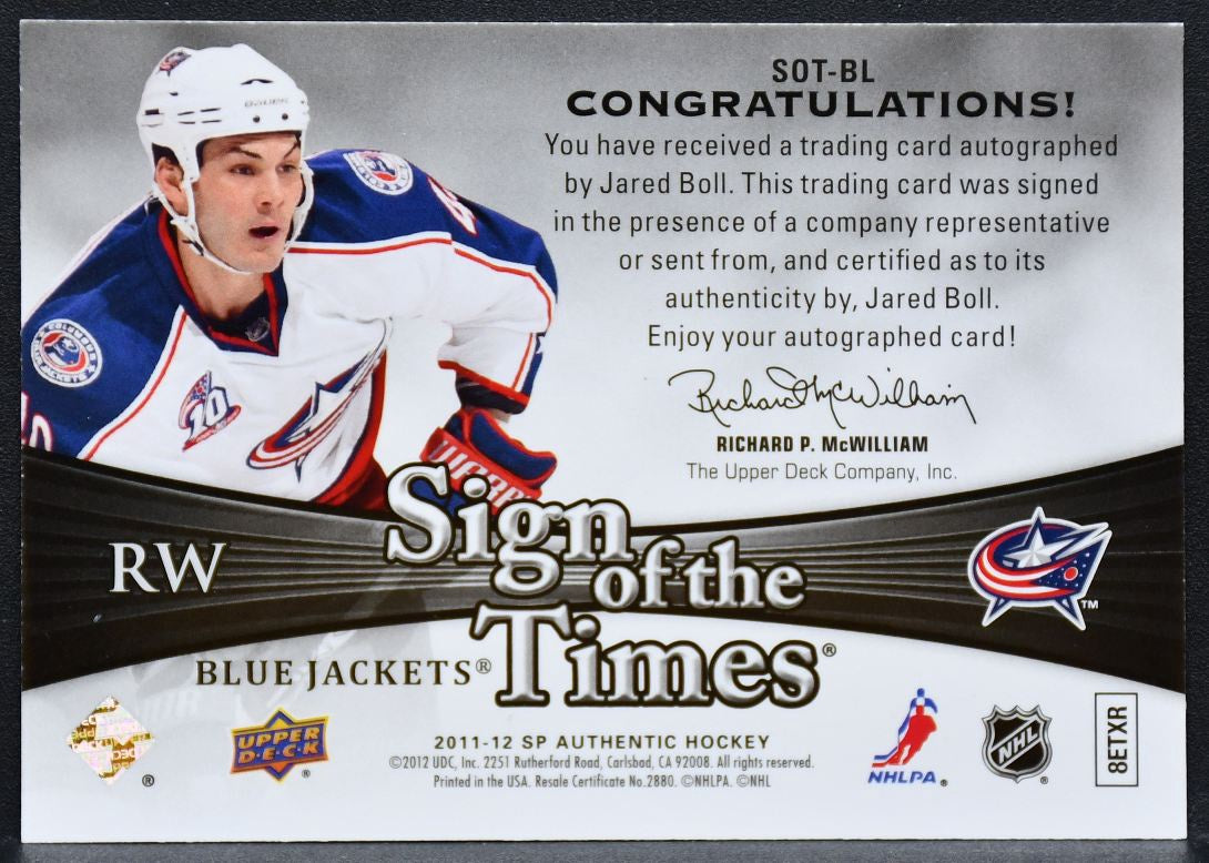 2011-12 SP Authentic Sign of the Times Jared Boll SOT-BL Blue Jackets Auto 9611