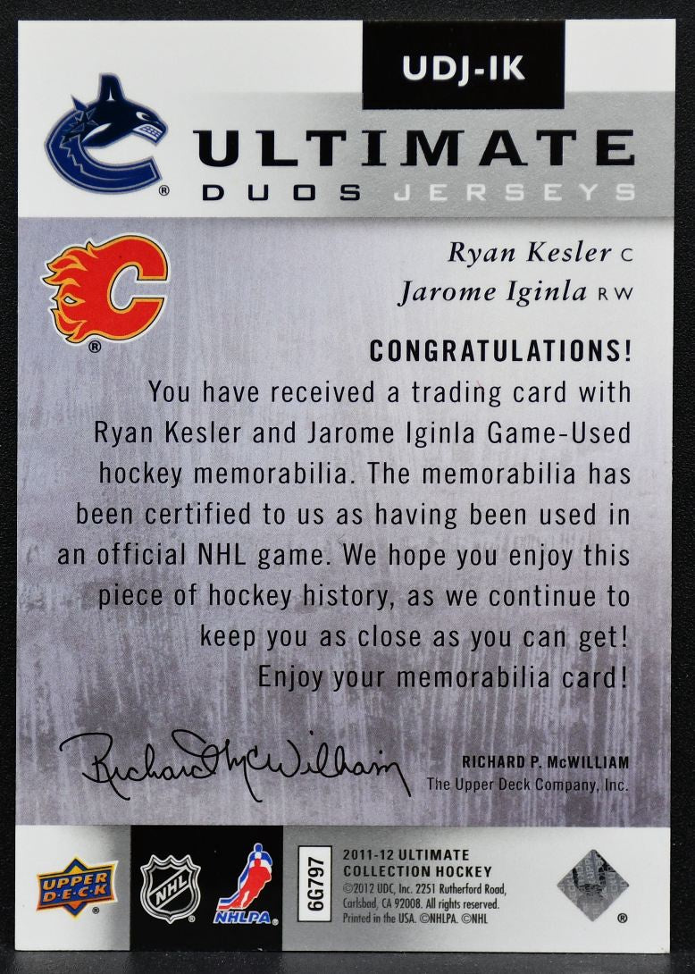 2011-12 UD Ultimate Collection Duos Jerseys Iginla/Kesler Flames/Canucks /50 3910