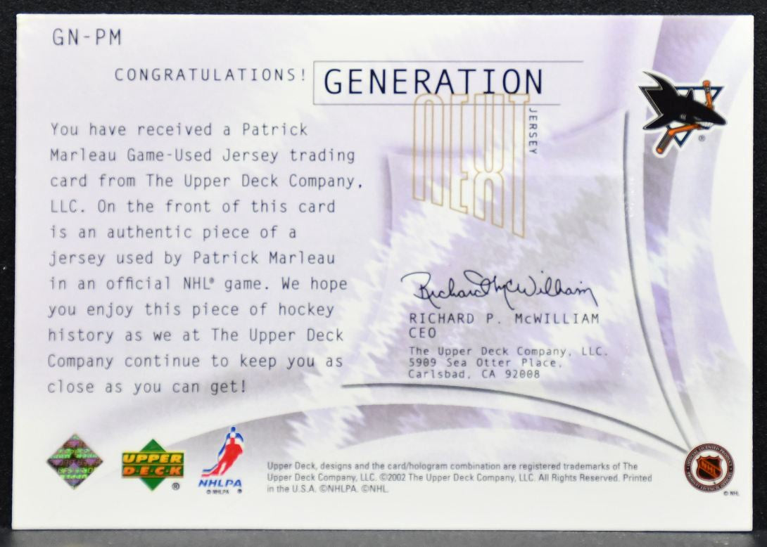 2002-03 Upper Deck Next Generation Patrick Marleau San Jose Sharks Jersey 5290