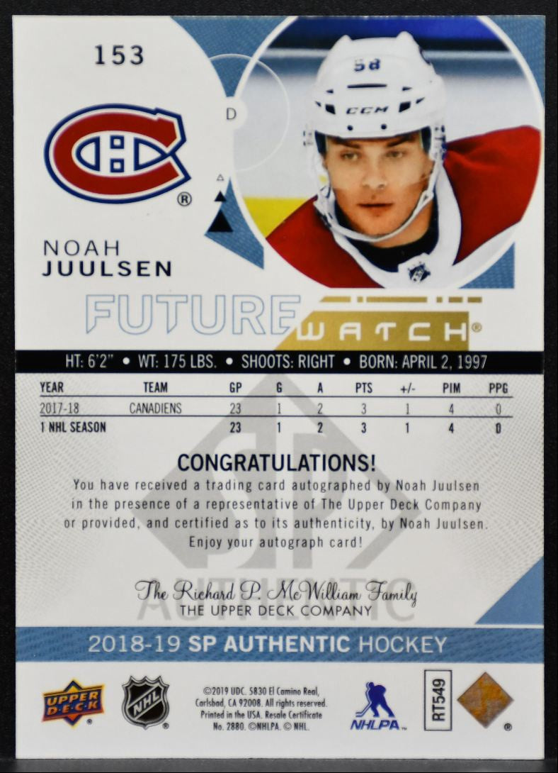 2018-19 SP Authentic Future Watch Auto Noah Juulsen RC Auto 266/999 9618