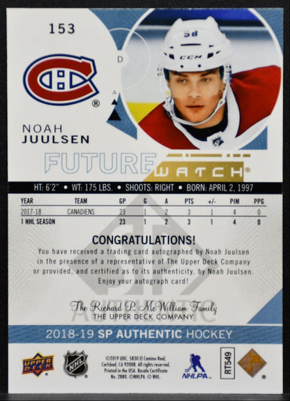 2018-19 SP Authentic Future Watch Auto Noah Juulsen RC Auto 266/999 9618