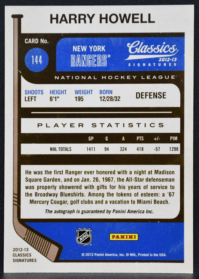 2012-13 Panini Classics Signatures Autographs Harry Howell 144 Rangers Auto 0089