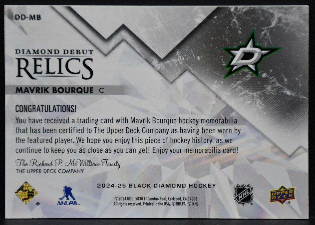 24-25 UD Black Diamond Debut Relics Jersey Bourque DD-MB Dallas Stars RC Jersey 6171