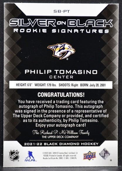 2021-22 UD Black Diamond Silver on Rookie Philip Tomasino SB-PT RC Auto 031/149