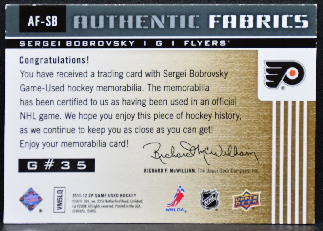 2011-12 SP Game Used Authentic Fabrics Sergei Bobrovsky AF-SB Flyers Jersey 5306