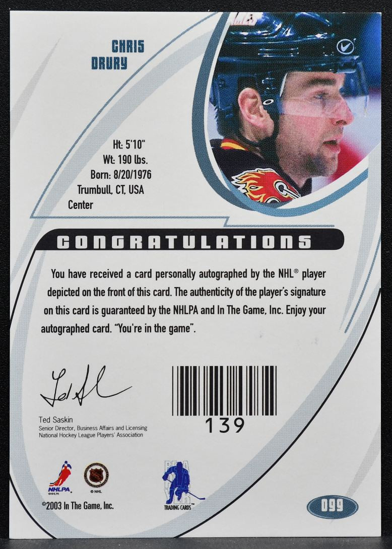 2003-04 In The Game Signature Chris Drury 099 Buffalo Sabres Auto 7344