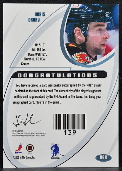 2003-04 In The Game Signature Chris Drury 099 Buffalo Sabres Auto 7344