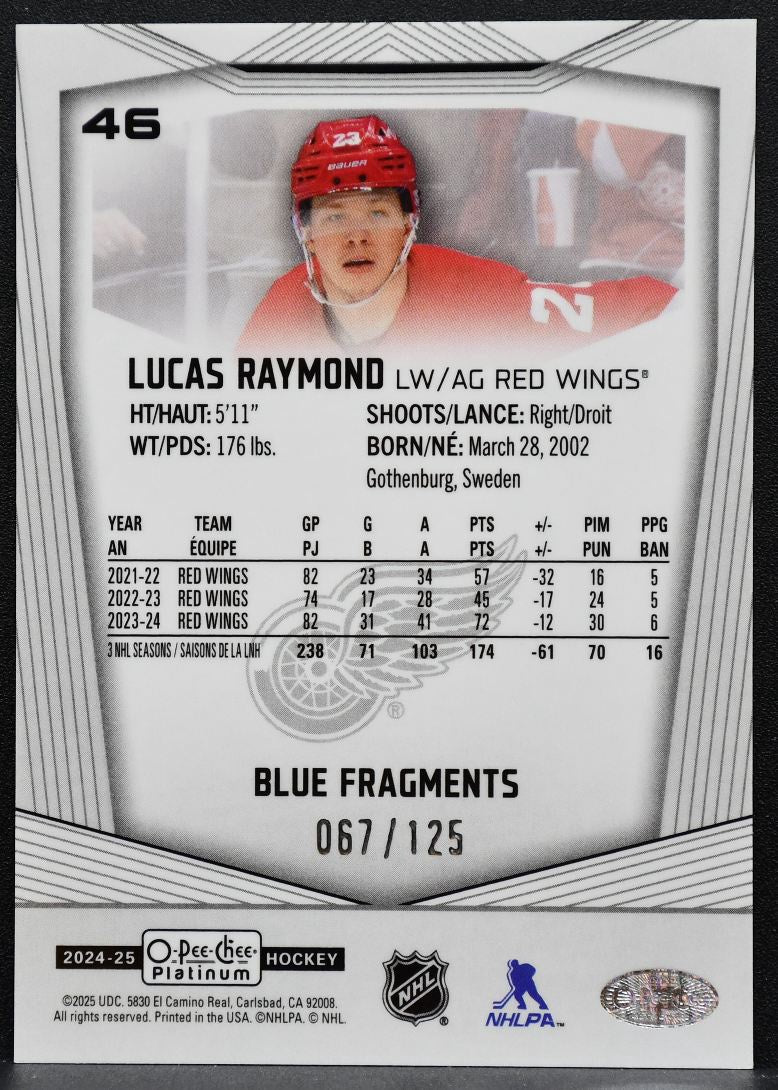 2024-25 O-Pee-Chee Platinum Blue Fragments Lucas Raymond Red Wings 067/125 1402