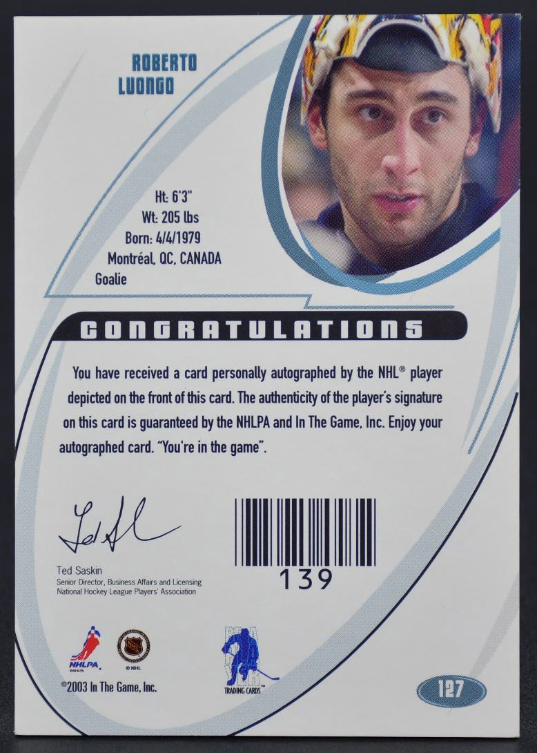 2003-04 In The Game Signature Roberto Luongo 127 Florida Panthers Auto