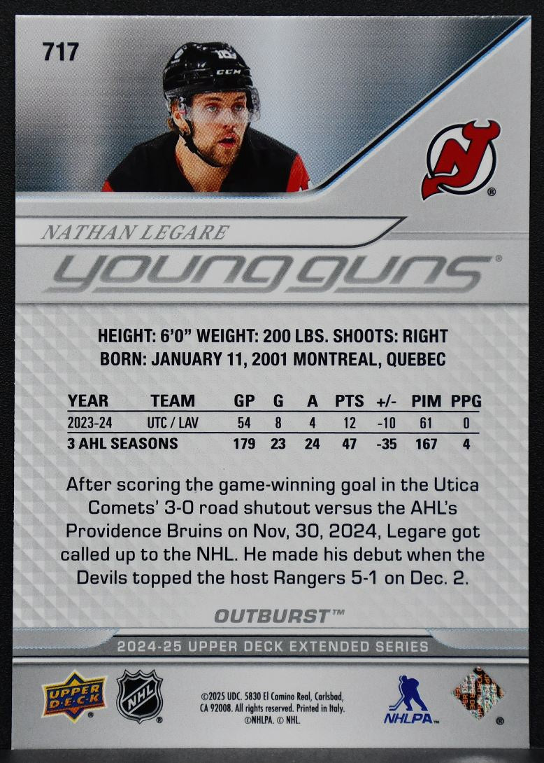 24-25 UD Extended Series Young Guns Outburst Nathan Legare 717 Devils RC 7818