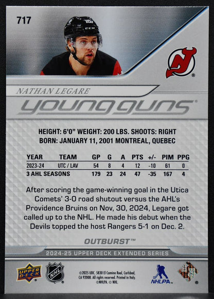 24-25 UD Extended Series Young Guns Outburst Nathan Legare 717 Devils RC 7818