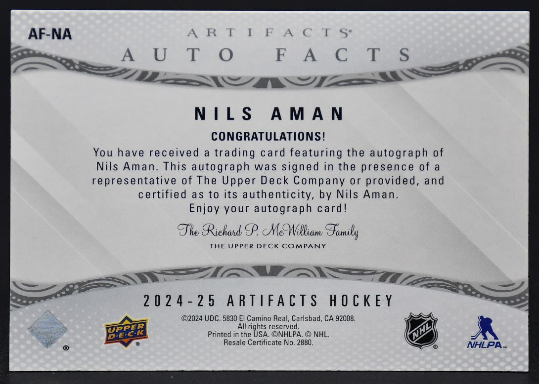 2024-25 UD Artifacts Nils Aman AF-NA Vancouver Canucks Auto