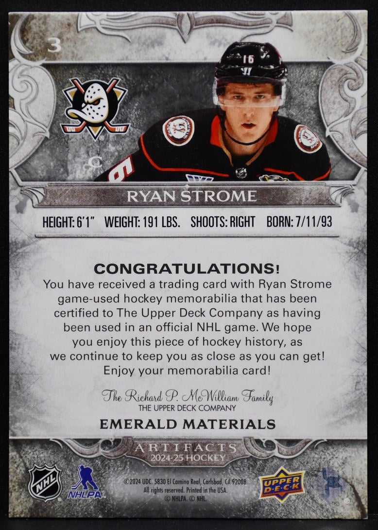 2024-25 UD Artifacts Ryan Strome 3 Anaheim Ducks 35/65 Jersey
