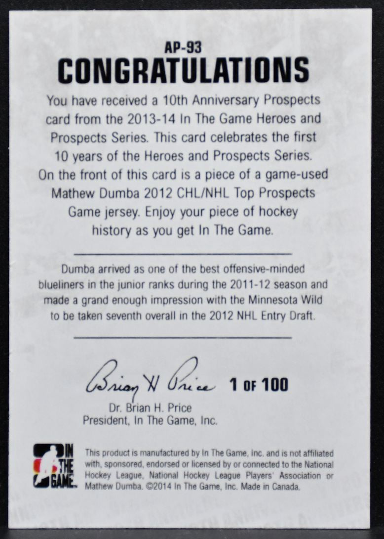 2013-14 In The Game Heroes and Prospects Tenth Anniversary Dumba Jersey 5429