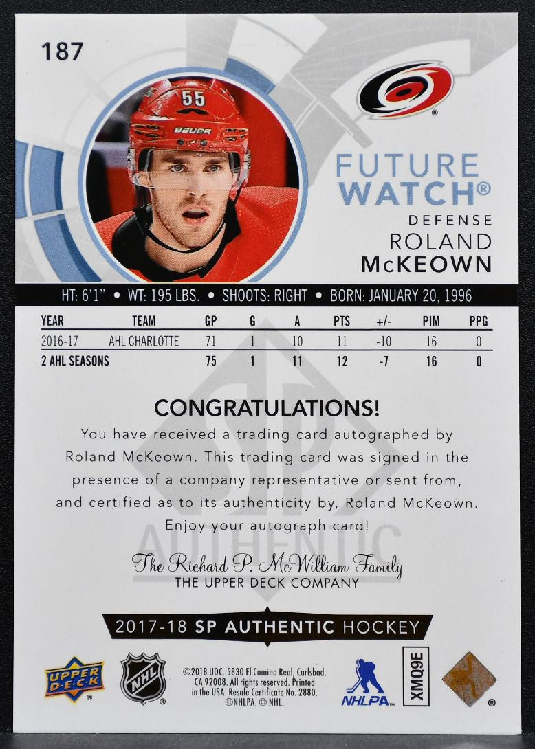 2017-18 SP Authentic Future Watch Auto Roland McKeown RC Auto 445/999 7578