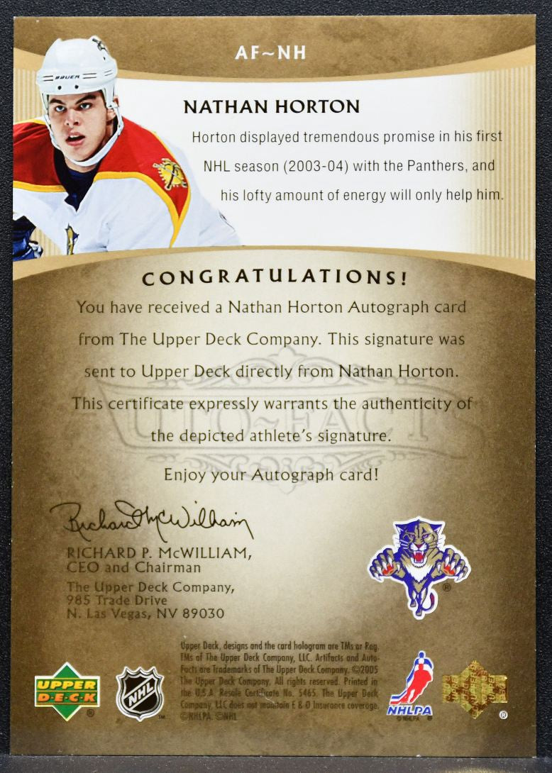 2005-06 Upper Deck Artifacts Autofacts Nathan Horton Panthers Auto 042/100 7132