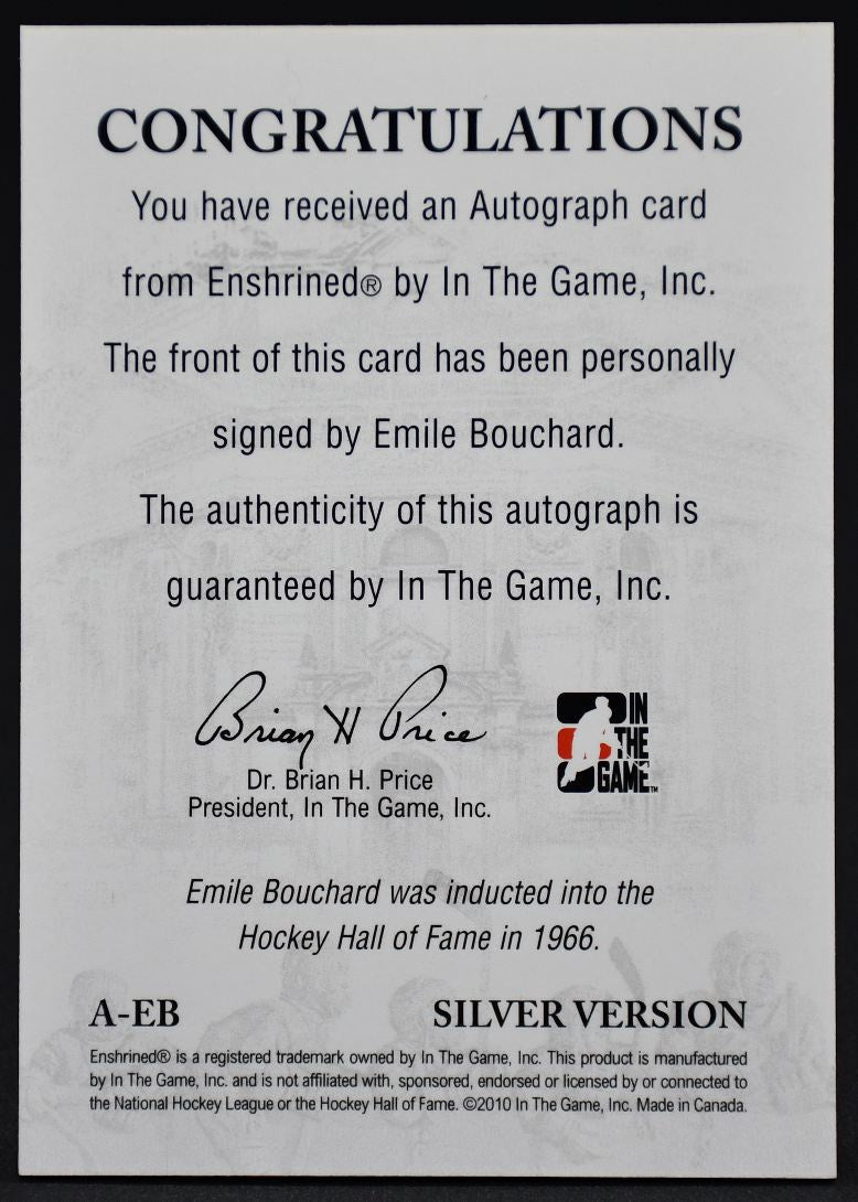 2010-11 Leaf In The Game Enshrined Silver Auto Emile Bouchard A-EB Auto