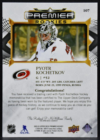 2022-23 UD Premier RCs Jersey Pyotr Kochetkov 107 Carolina Hurricanes RC Jersey 3088