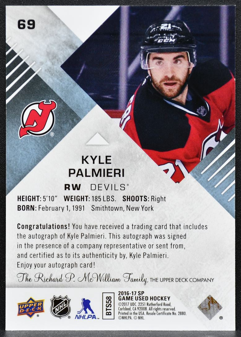 2016-17 SP Game Used Base Blue Auto Kyle Palmieri 69 New Jersey Devils Auto 4792