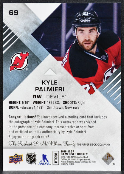 2016-17 SP Game Used Base Blue Auto Kyle Palmieri 69 New Jersey Devils Auto 4792