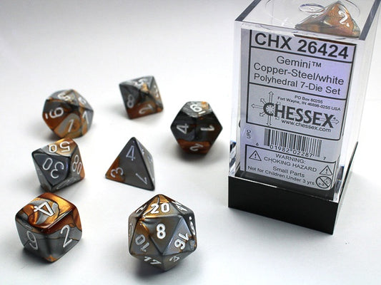 Gemini 7-Die Set Copper-Steel / White Chessex Dice (CHX26424)